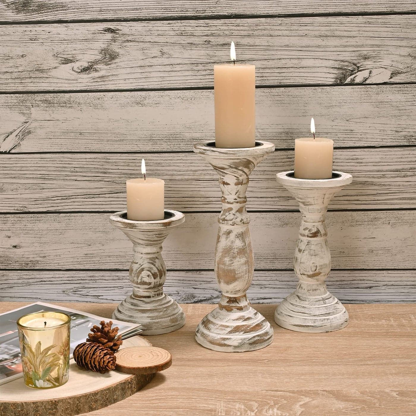Yorkmills Pillar Candle Holder Set of 3 Farmhouse Decor Living Room Tall Candle Holders for Pillar Candles Wood Candle Holders for Table Centerpieces White Home Decor Kitchen Dining Room Table Decor