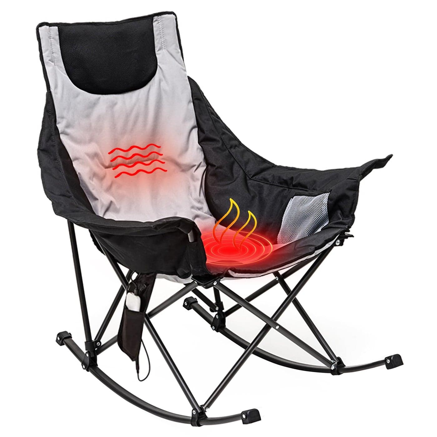 SUNNYFEEL Oversized Heated Camping Chair Folding Rocking Camping Chairs with Luxury Padded ReclinerCarry Bag 300 LBS Heavy Duty for LawnOutdoorPicnicPatio Portable Rocker Camp Chair