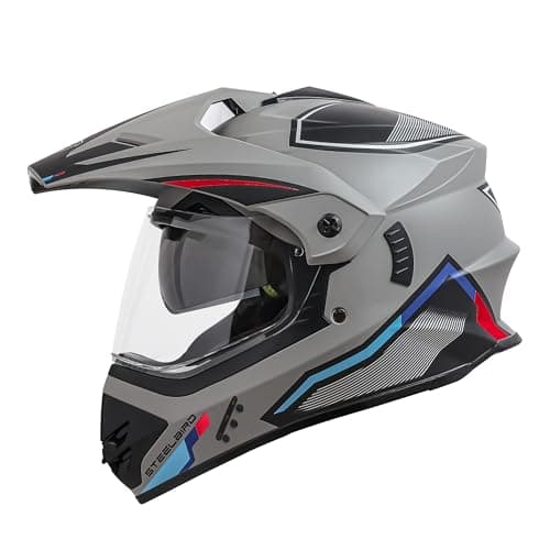Steelbird SBH-13 Racer Bluetooth Off Road ISI Certified Motocross Double Visor Full Face Helmet Outer Clear Visor and Inner Smoke Sun Shield (Medium 580 MM, Glossy Titanium Grey Red)