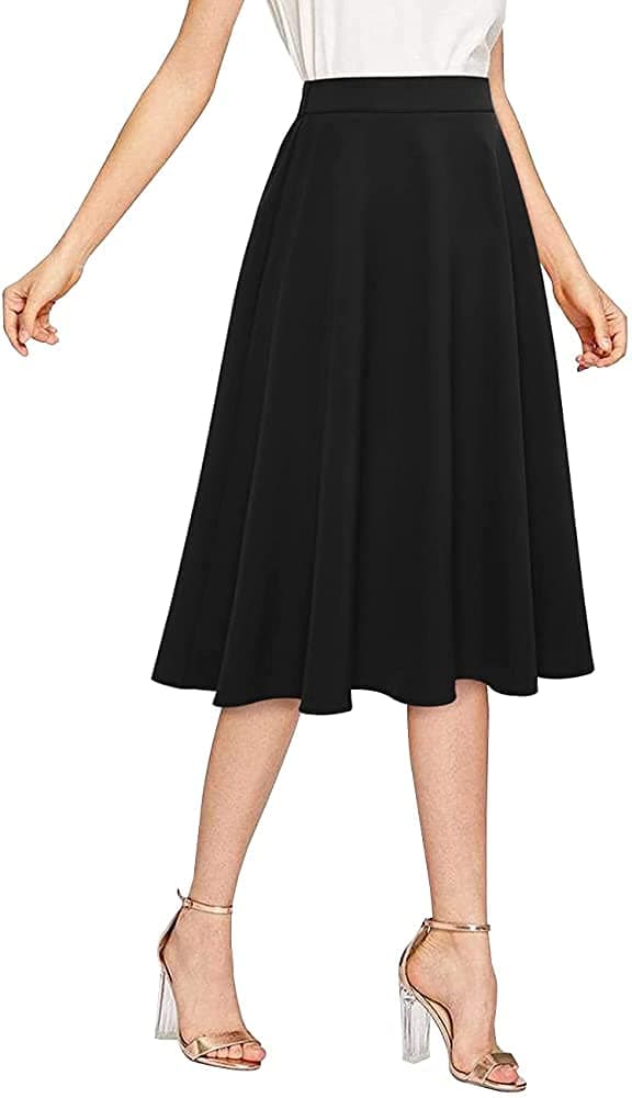 Mrugneni Women's High Waist A-Line Knee Length Skirt, Elastic Waistband, Side Pockets, (Black)