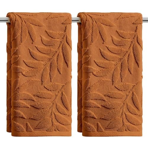 Artoid Mode 2 Pcs Caramel 3D Leaves Jacquard Hand Towels for Bathroom, 100% Cotton Soft Absorbent Bathroom Decor Towels, 13.7 x 29.5 Inch