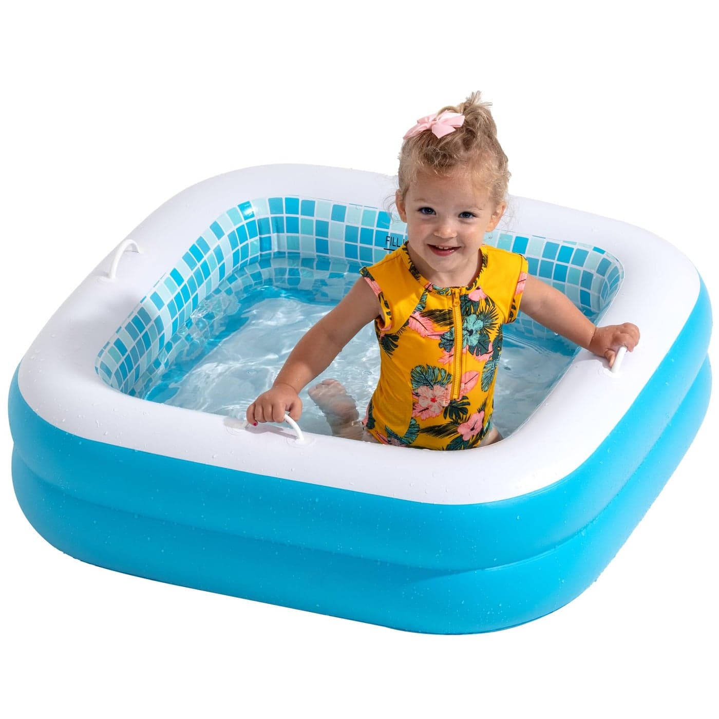 Baby Pool with Cushioned Floor, Grip Handles and Drain - Skin Safe Small Square Inflatable Kiddie Pool, Bathtub and Ball Pit, for Babies, Infants and Toddlers 1-3, 34" Summer Blue