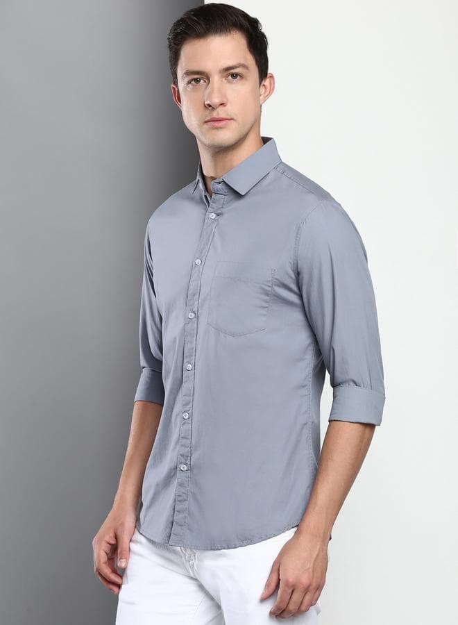 Men's Slim Fit Dark Blue Casual Cotton Spread Shirt