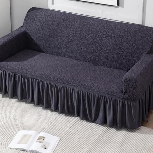 HOKIPO 3 Seater Sofa Cover Stretchable Jacquard Fabric | Elastic Bottom Slipcover with Frill Skirt | Thick 240 GSM Couch Cover | Washable Living Room Sofa Protector, Abbey Grey (AR-4648-J5)