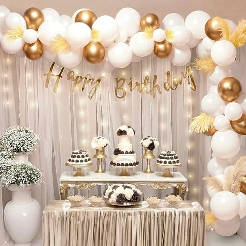 Party Propz Happy Birthday Decoration Kit for Girls - 69 Pcs White & Gold Bday Backdrop for Decoration, White Net Curtain, Gold Happy Birthday Banner