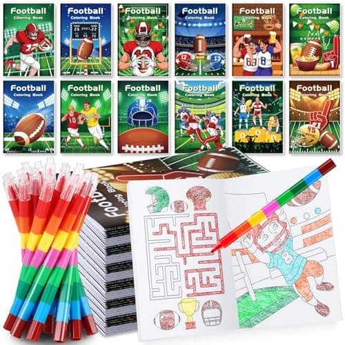BenLouis 12 Football Mini Coloring Books Kids with 12 Stacking Crayons Sports Football Theme Party Favors Small Activity Books Bulk for Kids Super Football Bowl Party Gift Goodie Bag Stuffers