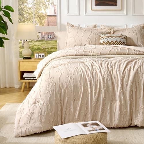 Jameswish 7 Pieces Bow Tufted Boho Comforter Set Khaki Farmhouse Shabby Chic Embroidered Bedding for All Seasons Full Size with Comforter Sheets Pillowcases Shams