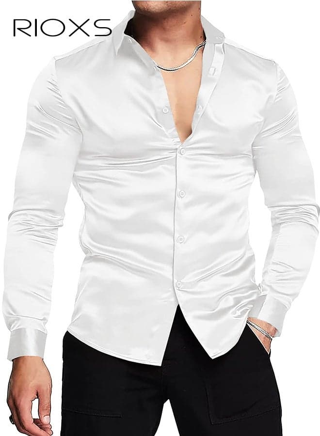 Men's Luxury Shiny Silk Like Satin Dress Shirt Long Sleeve Casual Slim Fit Muscle Button Up Shirts, All Season Versatile White Dress Shirt, Wedding Guest Formal Shirt, Gala Dinner Appropriate Attire