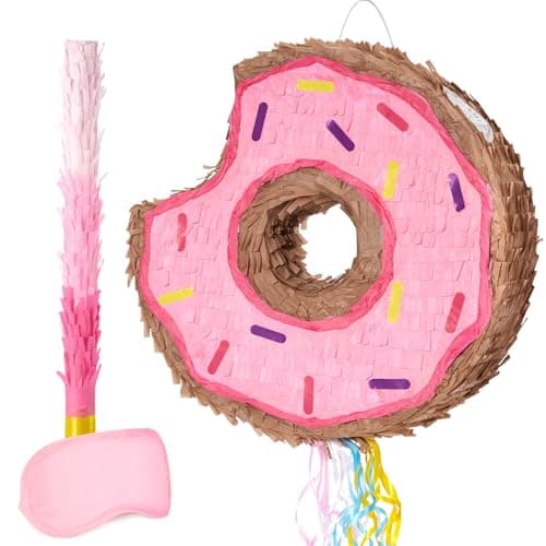 WERNNSAI Donut Piata Pink Donut Piata with String Birthday Party Decorations Piata with Stick Blindfold for Girls Kids Dount Pull String Piata Family Games Birthday Party Supplies