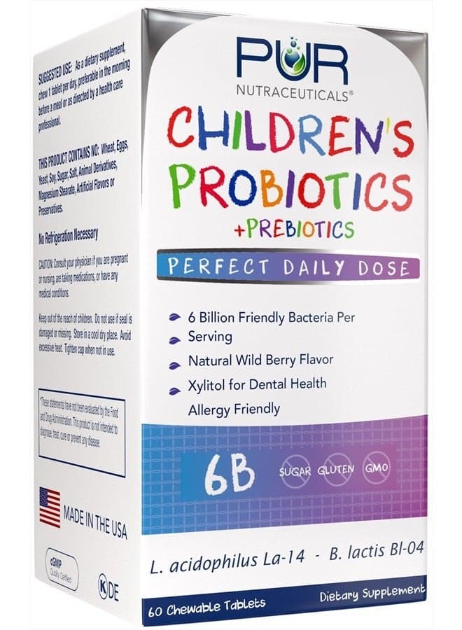 Children's Probiotics + Prebiotics * 6 Billion CFUs/Serving * 60 Chewable Tablets * 2 Month Supply * with Prebiotics Sunfiber® & FOS for 10X More Effectiveness * 100% All Natural * Made in USA