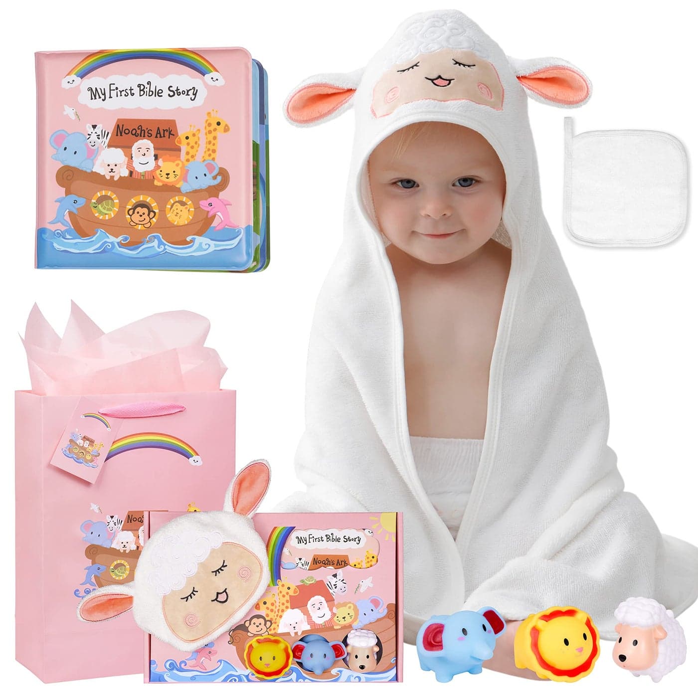 My First Noahs Ark 7 pcs Baptism Gift Set Dedication Christening and Baptism Gifts for Girl and Newborn Baby Includes Washcloth and Hooded TowelBaby Bath Book 3 Bath Toys and Gift Bag