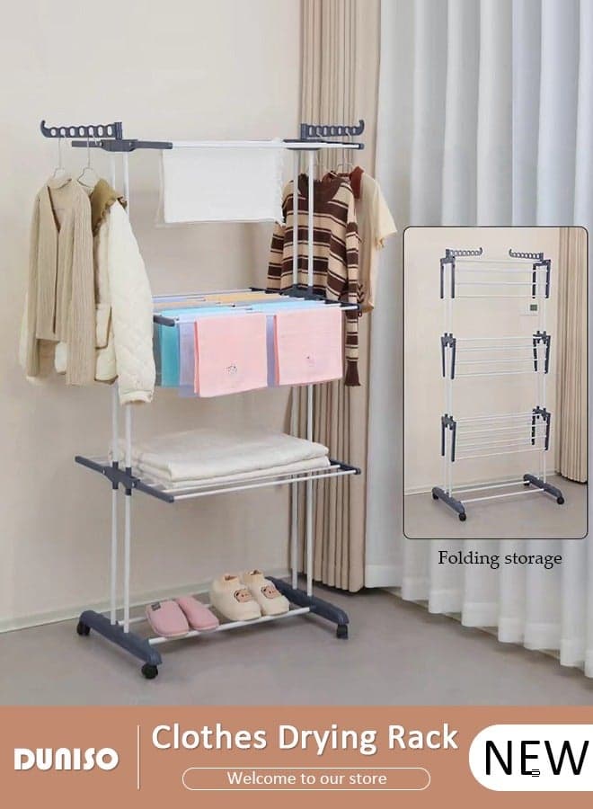 4-Tier Clothes Drying Rack, Foldable Stainless Steel Drying Rack Clothing, Movable Drying Rack with 4 castors, Laundry Rack with 24 Drying Poles for Indoor/Outdoor, Clothes Drying Stand with 14 Holes for Bed Linen, Clothing