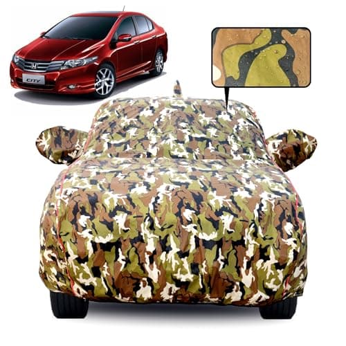 Slamio 100% Waterproof Car Body Cover for Honda City (2008-2013) with Mirror Pocket, Soft Cotton Lining, Triple Stitched, Full Bottom Elastic (Heat Resistant Jungle Print with Red Piping)