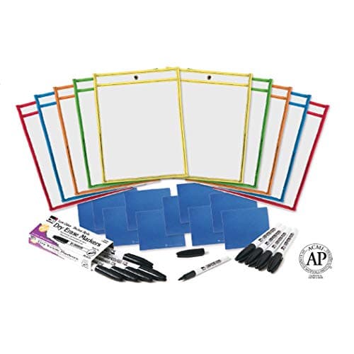 Charles Leonard Reusable Clear Dry Erase Pockets Class Pack Includes 10 Each of PocketsMarkersCloth Erasers 29130