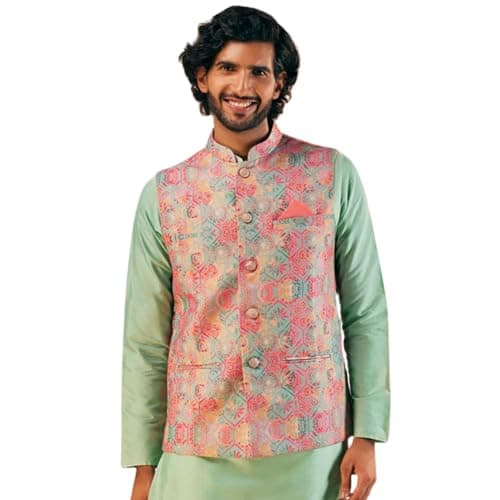 KISAH Men's Nehru Jacket, Multi Cotton Blend, Printed Regular Fit Mandarin Collar Sleeveless (L)