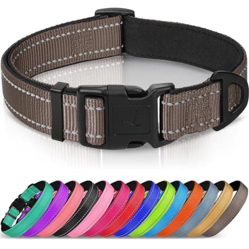 Joytale Reflective Dog Collar, Soft Neoprene Padded, Metal D-Ring, Nylon Pet Collar Adjustable for Large Dogs, Brown, Large