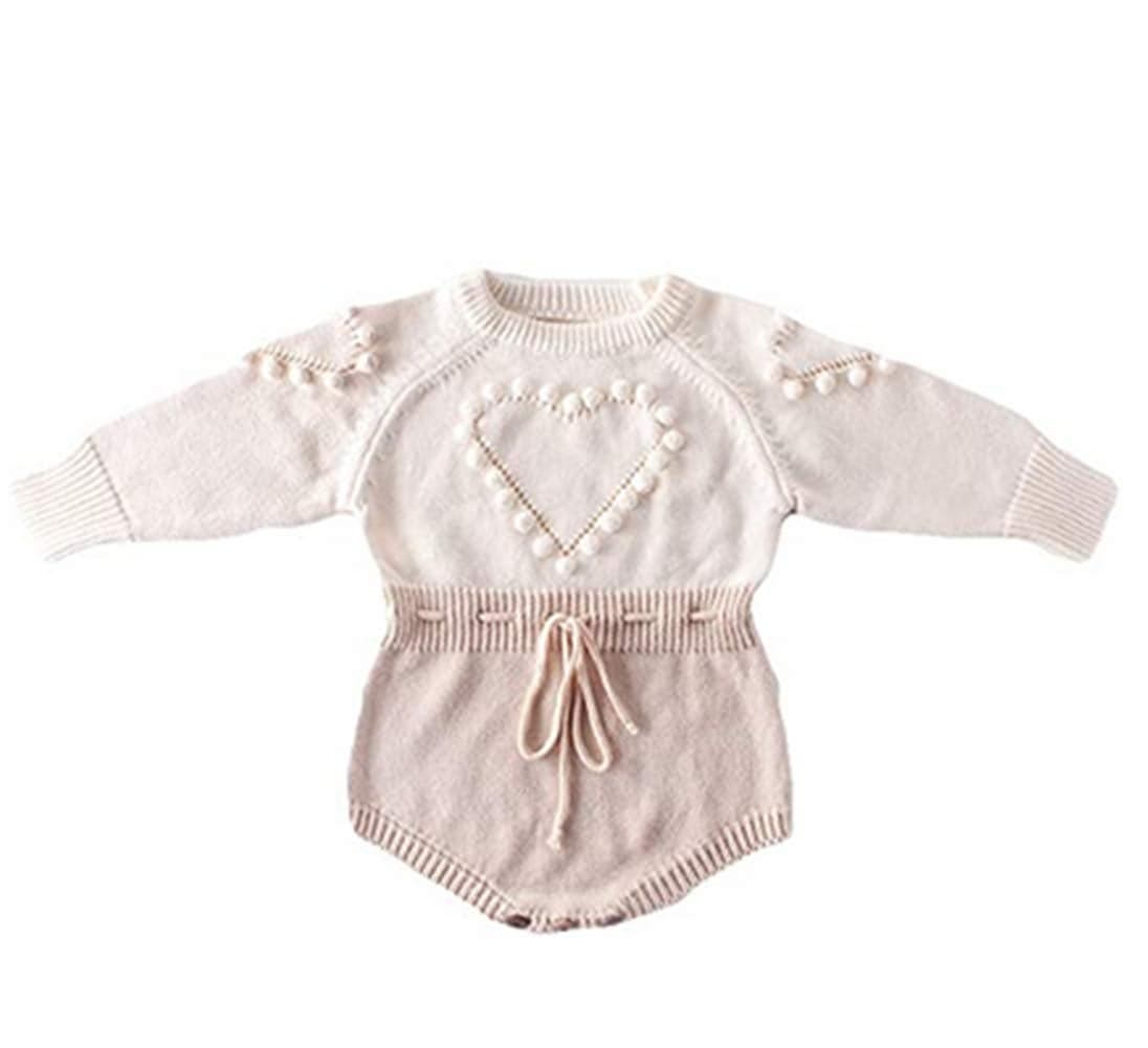WALLARENEAR Newborn Baby Girl Sweater Romper Heart Long Sleeve Knitted Bodysuit Jumpsuit Fall Winter Clothes Valentine's Day Outfits (Apricot, 3-6 Months)