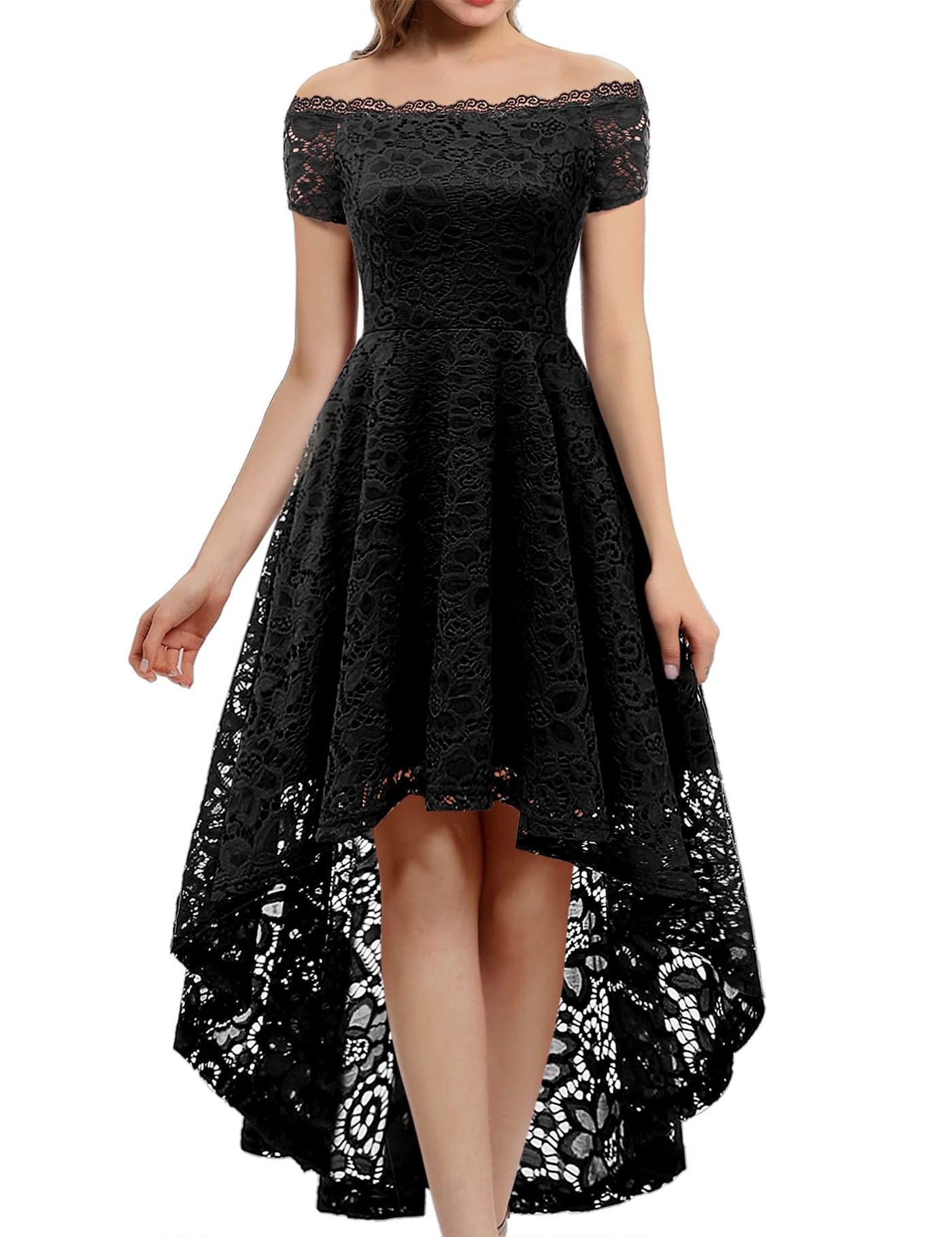 Dressystar Womens Lace Cocktail Dress HiLo Off Shoulder Bridesmaid Swing Formal Party Dress 0042 Black S