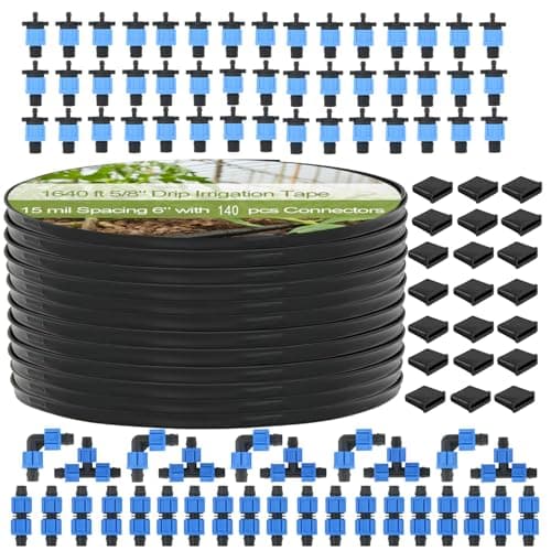 1640 ft 5/8" Drip Irrigation Tape Kit 15 mil Emitter Spacing 6" Flat Drip Tape with 140 PCS Drip Tape Connectors Automatic Irrigation Equipment for Garden Irrigation Emitter Flow:0.79 GPH