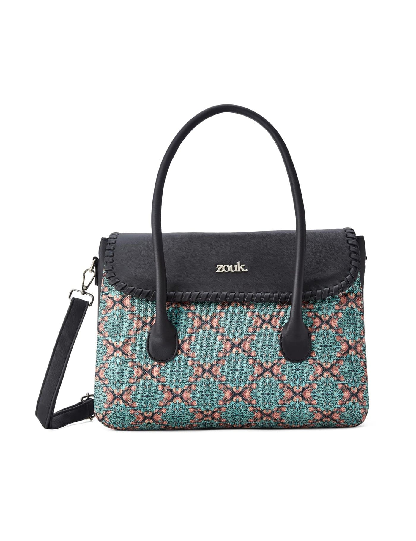 ZOUK Kolkata Nouveau Motif Printed Jute Handcrafted Vegan Leather Green Women's Satchel Bag | Ladies Purse Handbag | Double Handle Detachable Strap