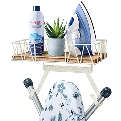 TJ.MOREE Ironing Board Hanger Wall Mount - Laundry Room Decor Iron and Ironing Board Holder with Large Storage Wooden Base Basket and Removable Hooks(T&V Shaped) Cream