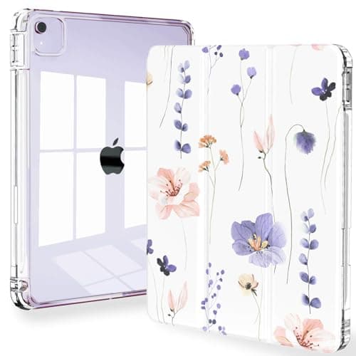 Feams for iPad Air 13 Inch Case M4 2026/M3 2025/M2 2024, Slim iPad Pro 12.9 Inch 6th/5th/4th Generation 2022/2021/2020 Case Clear Back Cover with Auto Sleep & Pencil Holder, Purple Flowers