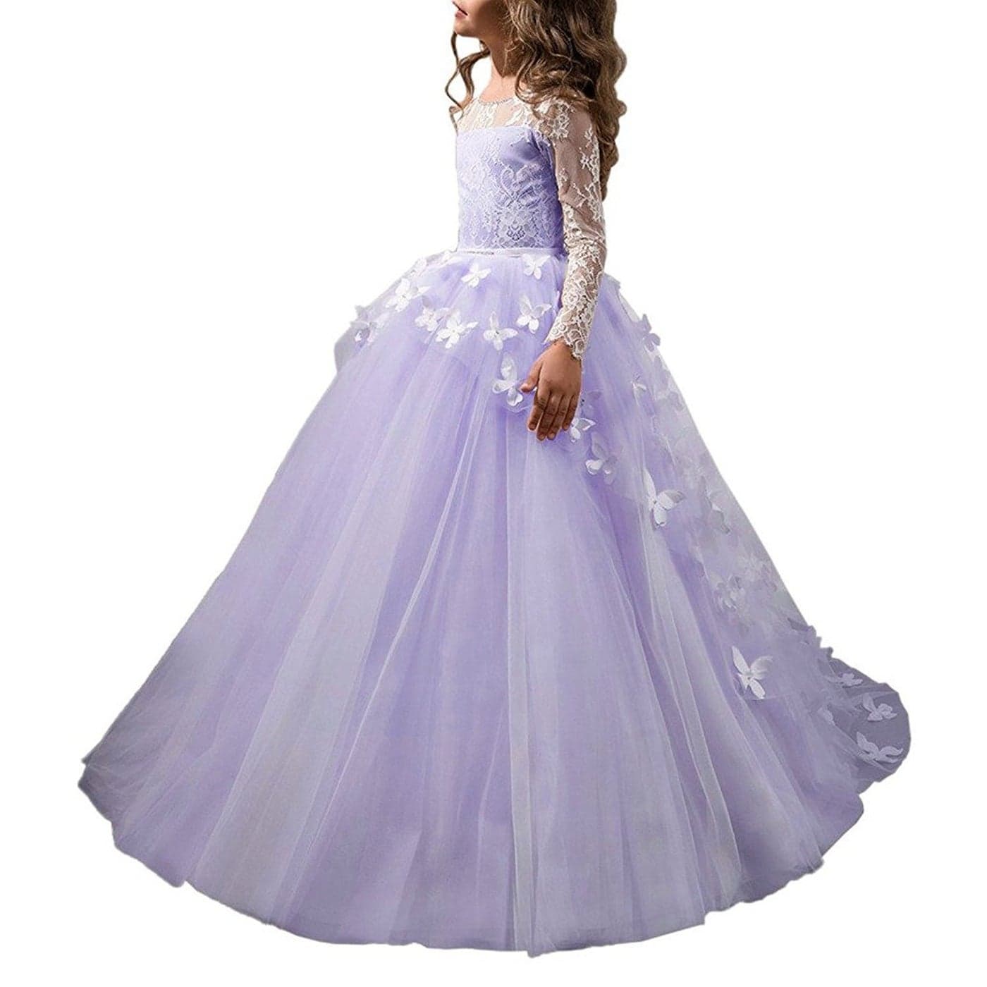 Abaowedding Lovely Flower Girl Dress Lace Long Sleeves Prom Gown Lilac 10