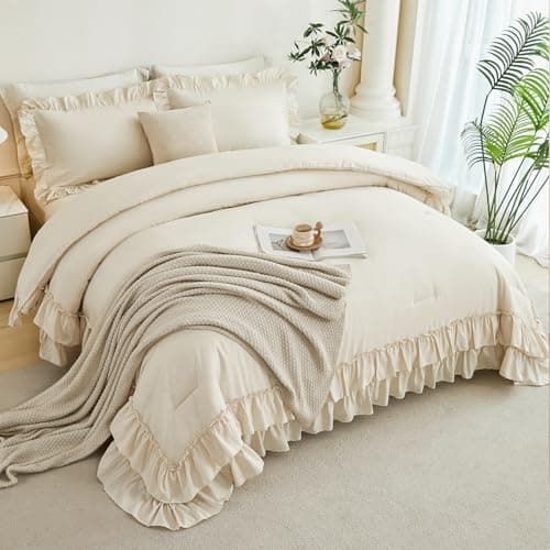 ANGIYUIN 5Pcs Beige Ruffled Comforter Set Queen Double-Layer Ruffle Bedding Comforter Set for Women Girls Fluffy Shabby Chic Bed in a Bag with Sheets(Beige Queen)