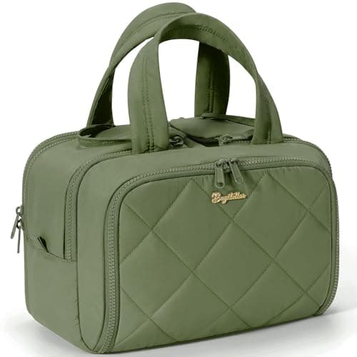 Travel Toiletry Bag, Large Wide-open Puffy Toiletry Bag for Women, Lightweight Quilted Makeup Bag Cosmetic Organizer with Handle Water-resistant Travel Essentials for Toiletries Accessories Army Green