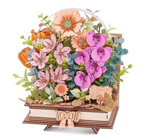 Wowood 3D Wooden Flower Puzzles for AdultsWooden Bloom Book DIY Crafts Model Kits Building Set Botanical Decor Creative Gift for Women 552PCS