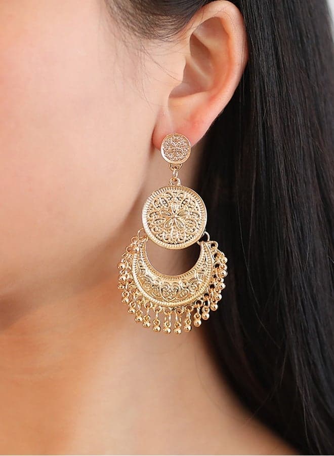 Gold Vintage Filigree Tiered Dangle Earrings - Ornate Moon Floral Statement Jewelry for Formal Festive Glam | Ideal Gift