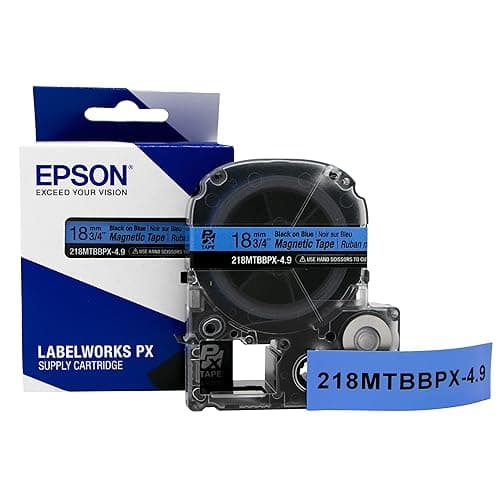 Epson LABELWORKS 218MTBBPX-4.9 Genuine Magnetic Tape Cartridge - Black on Blue Magnet Label Maker Tape - 3/4" (18MM) Wide, 4.9 ft, Blue