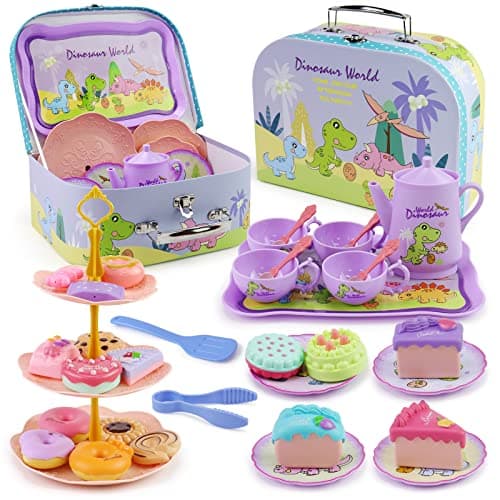 Motiloo 41 Pcs Dinosaurs Kids Tea Party Set with Carrying Case Sweet Treats Playset Pretend Toy Tin Tea Set for Little Girls Princess Tea Time Pretend Play Tea Set Toys