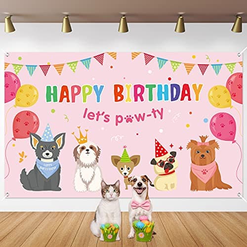 61x36ft Dog Girl Party Decorations Lets Party Banner Backdrop Pink Puppy Dog Themed Birthday Supplies Dogs Cats Kids Birthday Photography Background Photo Booth for Pet Indoor and Outdoor