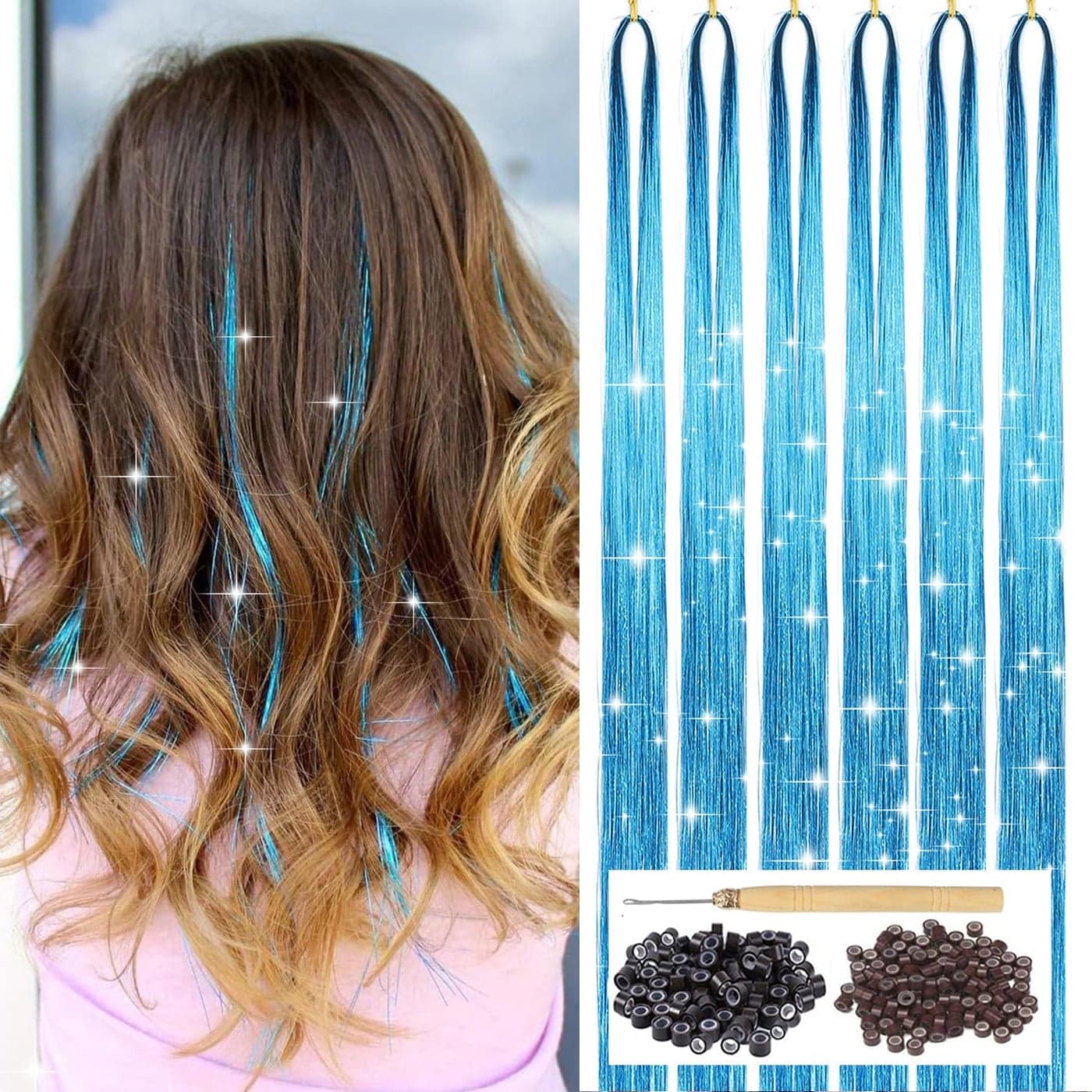 Sky Blue Hair Tinsel Kit with Tool 6pcs 1200 Strands Glitter Tinsel Hair Extensions Heat Resistant Sparkling Shiny Fairy Hair Accessories for Women Girls Kids 47Inch