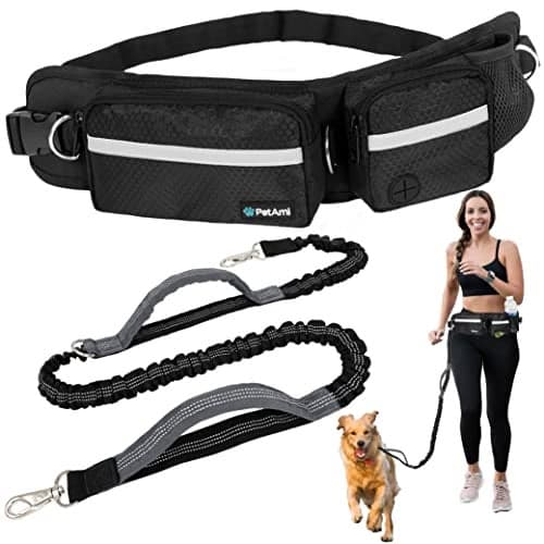 PetAmi Hands Free Dog Leash, Dog Running Leash Belt Bag for Walking, Jogging, Dog Waist Double Zipper Pouch with Poop Bag Dispenser, Dual Padded Handles Reflective Bungee Leash, Single (Black)