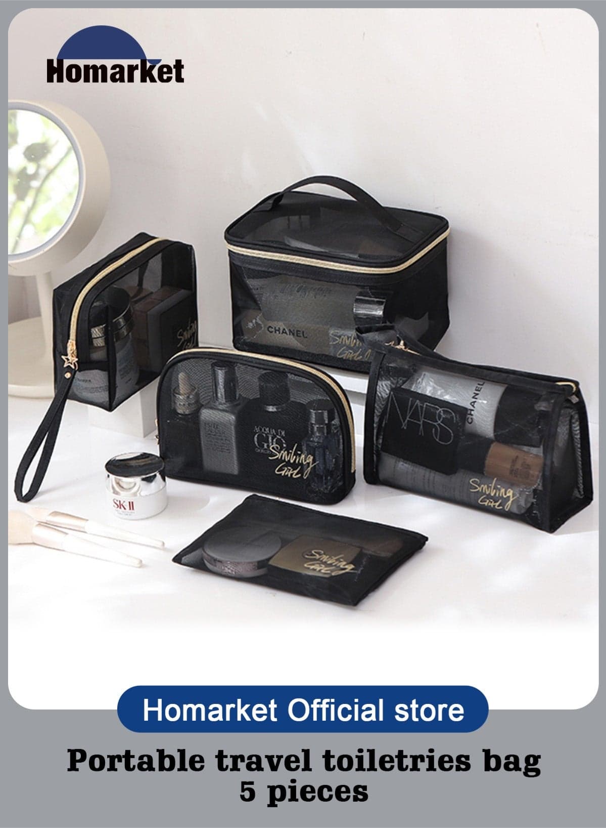 Makeup Bag Set Cosmetic Bag Set Makeup and Toiletry Travel Bag Set Make up Bag Set 5PCS,Large Capacity, Mesh Transparent Easy Take&Clean, Multifunction Travel Handbag With Strap to Hang,Black