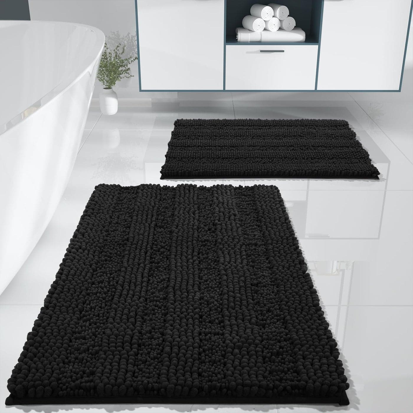 Yimobra Washable Bathroom Rugs Sets 2 Piece Non Slip Quick Dry Absorbent Bath Mat Set Plush Chenille Luxury Shower Rugs for Bathroom Floor Sink Tub and Shower OutsideBlack 20 x 3217 x 24