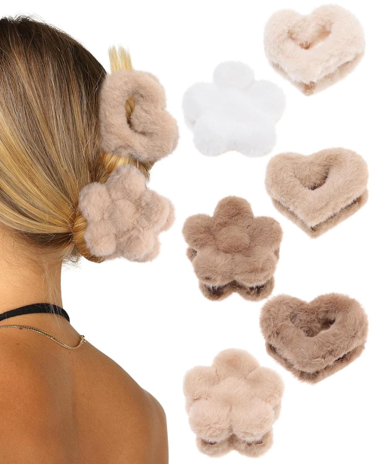 Fluffy Plush Claw Clip for Hair 6 Pcs Cute Hair Clips for Women Fuzzy Hair Barrettes Girls Hair Jaw Clips Heart Flower BeigeBrownCoffee