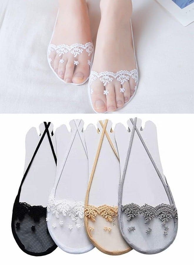Liner Socks Invisible Boat Shoe Socks Heelless Sock Breathable Hidden Liner For Summer Women Slip On Sneakers 4 Pairs (Black, Gray, Skin Color, White)
