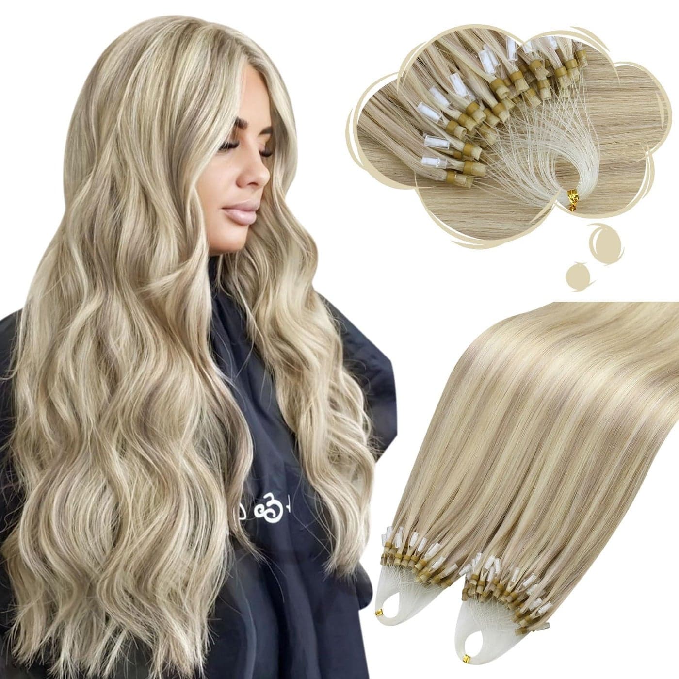 Moresoo Micro Beads Hair Extensions Real Human Hair Highlight Ash Blonde with Bleach Blonde Microlink Hair Extensions Long Straight 50G50S 24 Inch