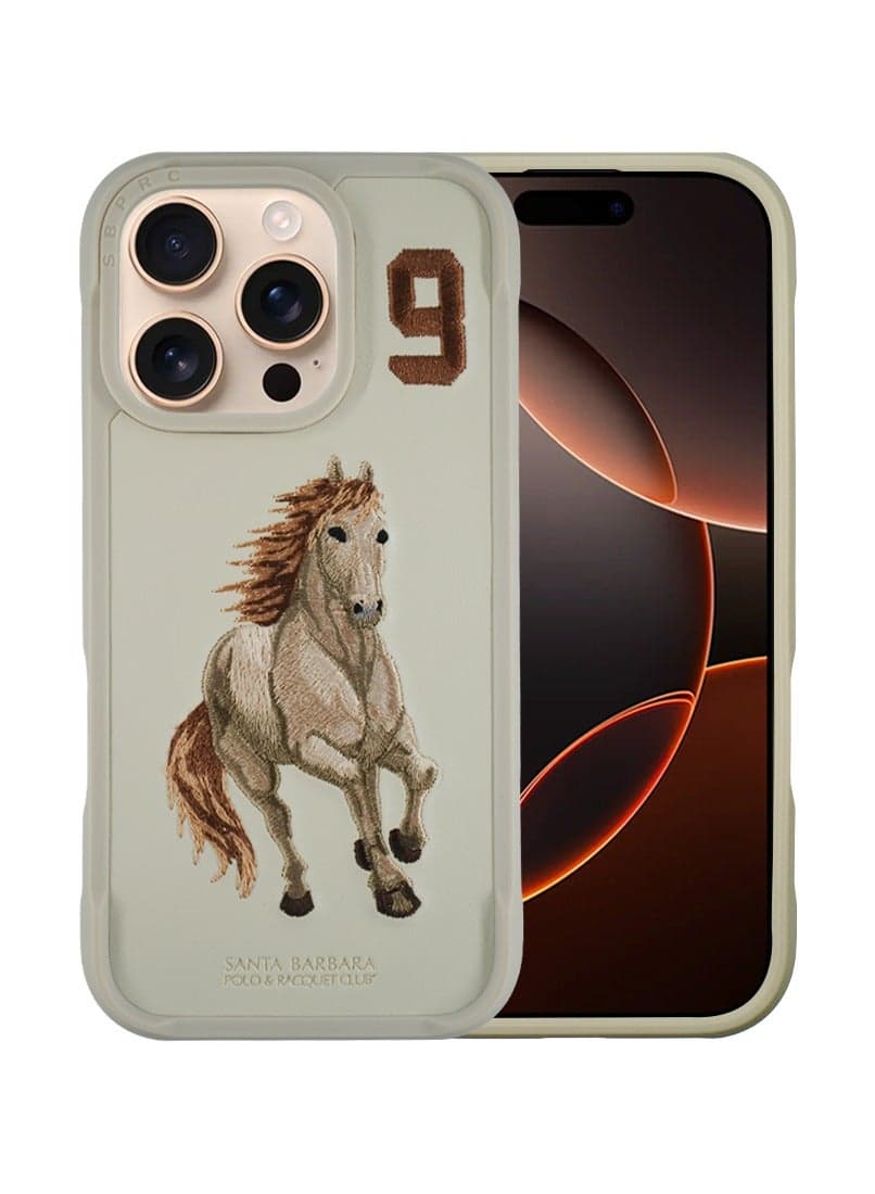 Boris Series Horse Embroidery MagSafe Phone Case for iPhone 16 Pro Max – Shockproof, Premium Pleather TPU, Anti-Slip Grip, Raised Edges for Screen Camera Protection, Scratch-Resistant, Lightweight Slim Design – Beige