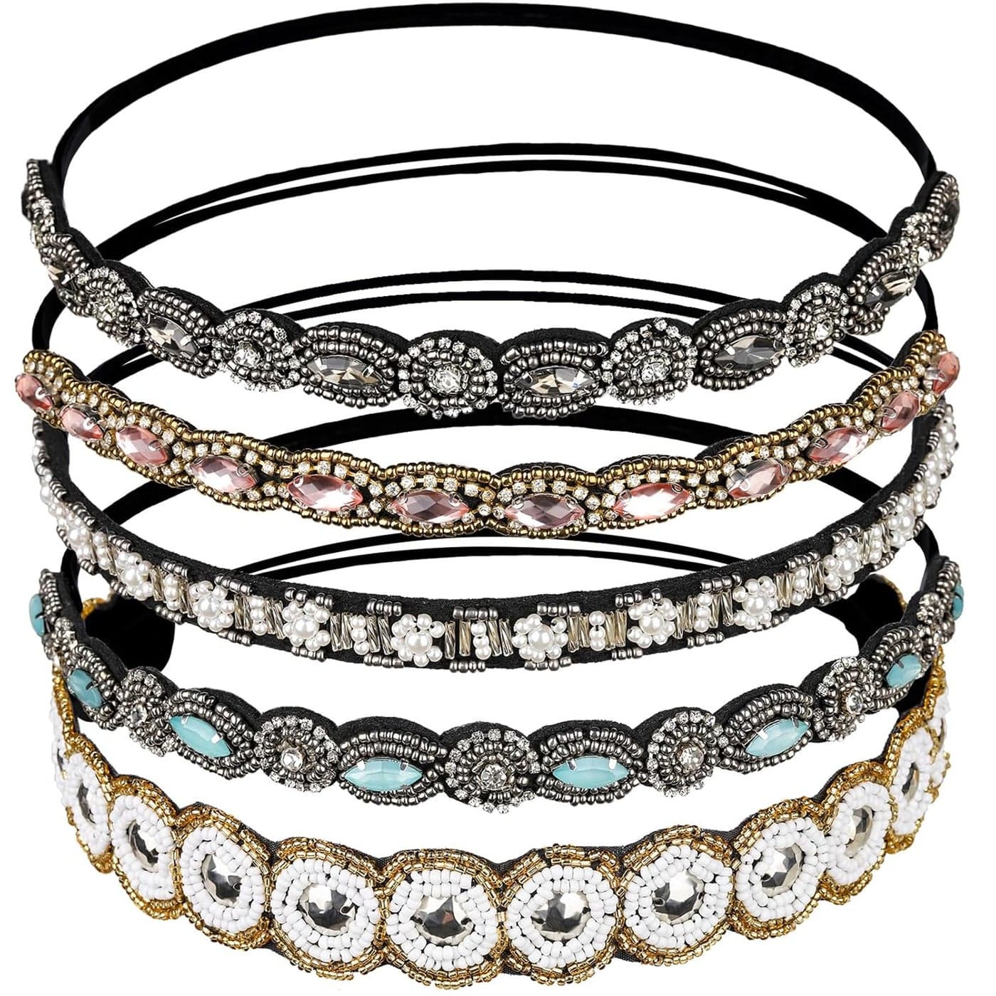 Teenitor 5pcs Hairbands for Women 5 Rhinestone Beaded Headbands Head Bands for Womens Hair Fashionable Handmade Crystal Beaded Elastic hairbands 202685168cm 1 Count Pack of 5 HAIRBAND