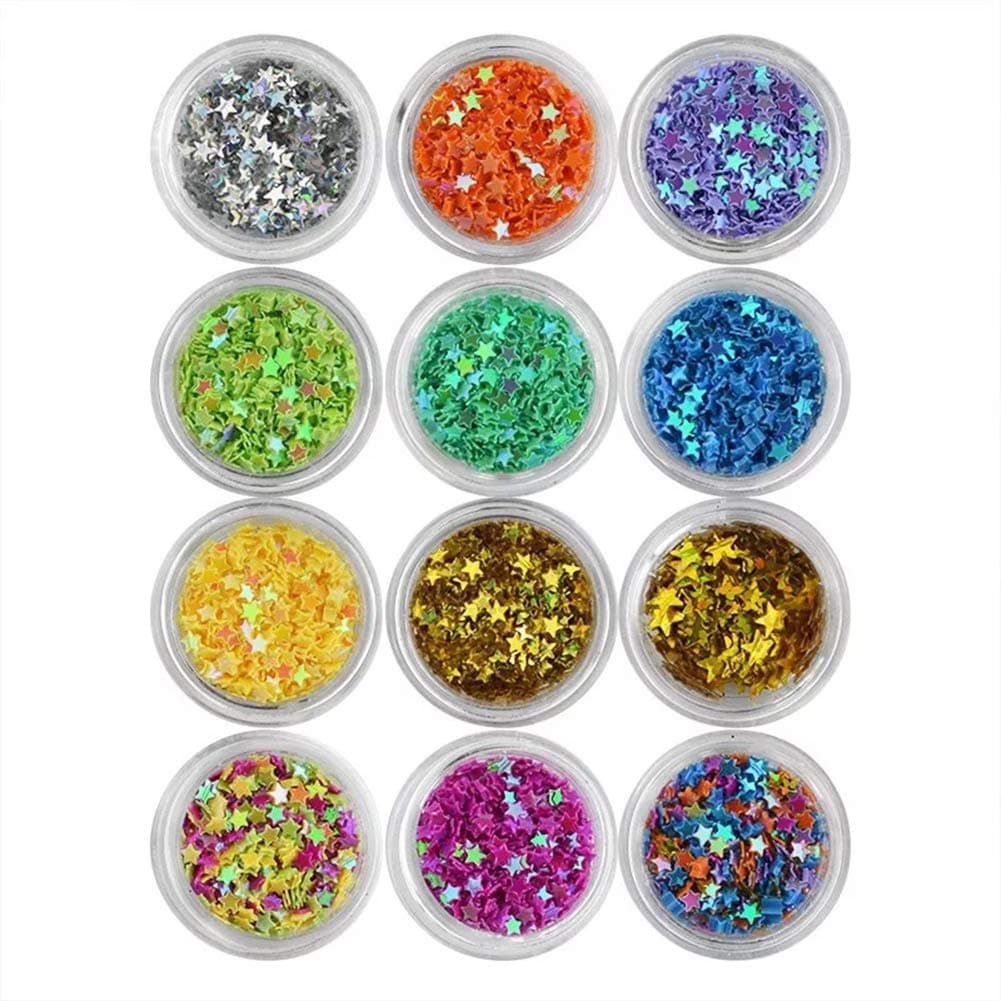 Nail Art Glitter Sequins Five Star Acrylic UV Gel False Tips Decoration 12 Pots