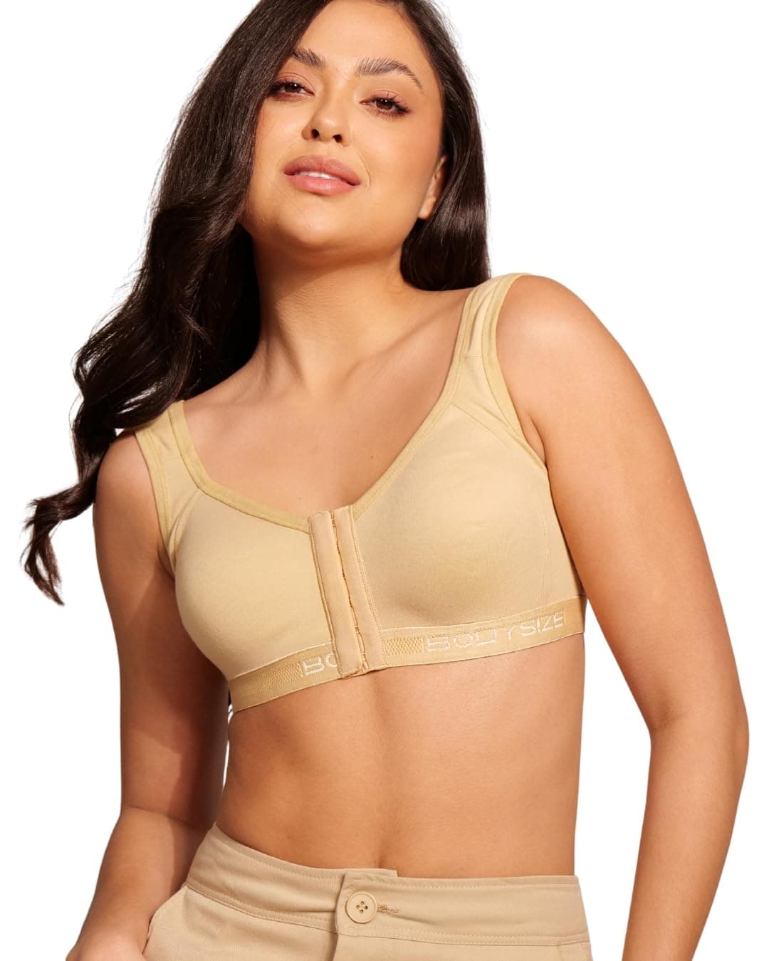 BODYSIZE Front Open Sports Hosiery Cotton Bra for Women (40, Beige)