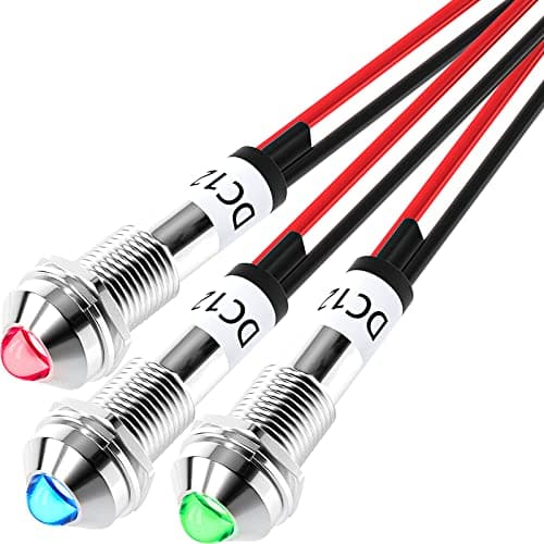 DaierTek LED Indicator Light 12V DC 8MM 5/16" 12 Volt Waterproof Metal Led Light Red Blue Green Lamp with Wire Leads for Dash, Car, Truck, Marine, Boat, DIY Appliance -3pcs
