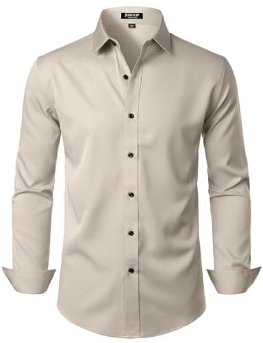 JEMITOP Men's Stretch Wrinkle Free Dress Shirts Formal Wedding Prom Long Sleeve Button Down Shirt Tan XXL