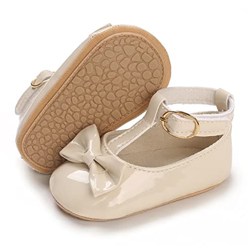 COSANKIM Baby Girls Mary Jane Flats Shoes Anti-Slip Rubber Sole Infant Toddler Princess Wedding Dress Shoes(01 Beige, 3-6 Months Infant)