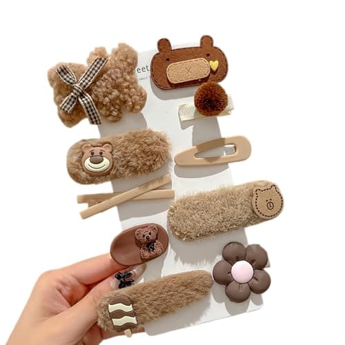 10 Pcs Super Cute Lovely Warm Autumn Winter Spring Theme Kids Hairpin Flower Floral Bear Bowknot Hair Clips Hair Decoration Women Girls Salon Hairstyle Hairdressing Grip Brown 2