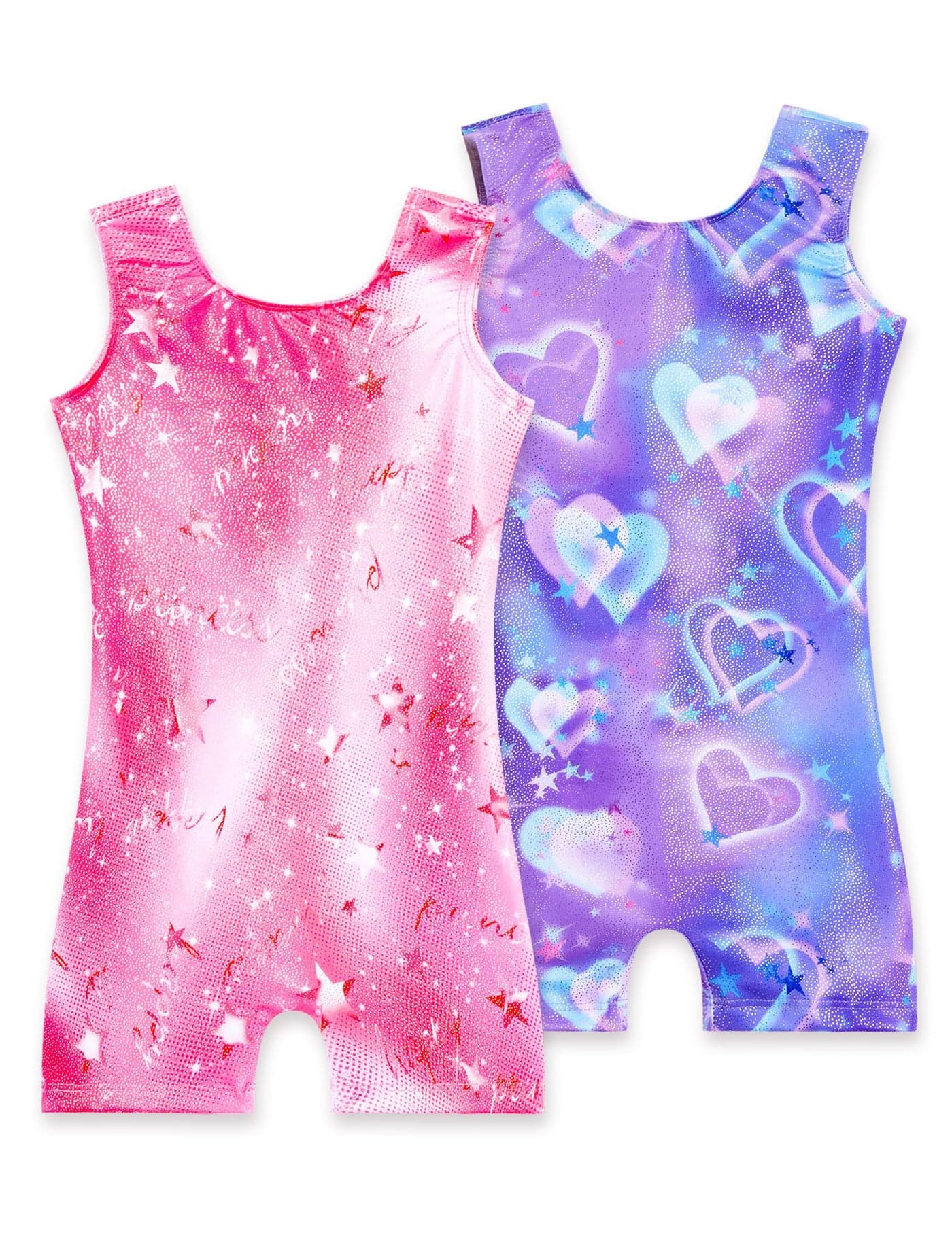 Nokecina Leotard for Girls Gymnastics 2 Pack Size 3t 4t Purple Tumbling Unitard with Shorts Pink Sleeveless Biketards